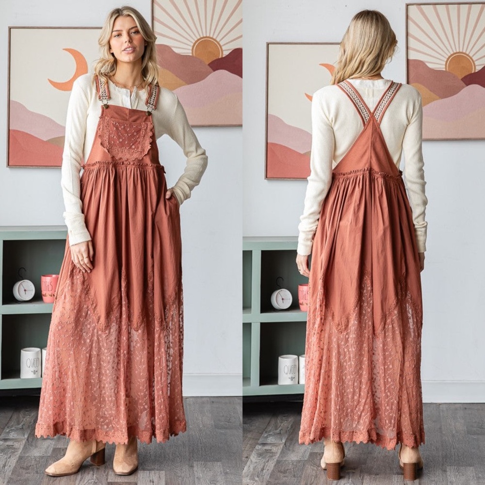 GIMMICKS Copper Brown Cotton Blend Tiered Lace Detail Maxi Skirtall w/ Pockets